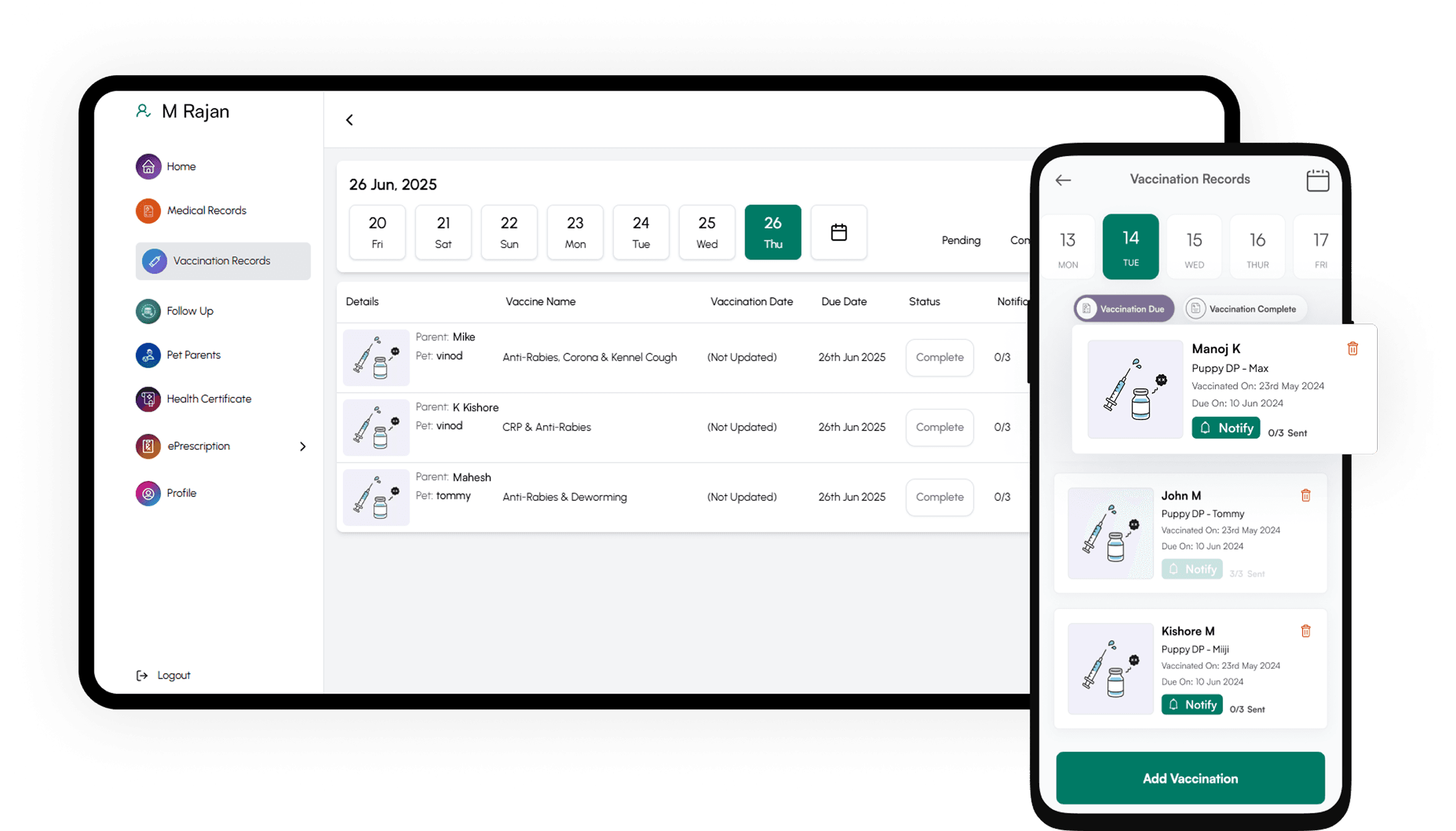 Pemilyy veterinary clinic software dashboard on laptop and mobile